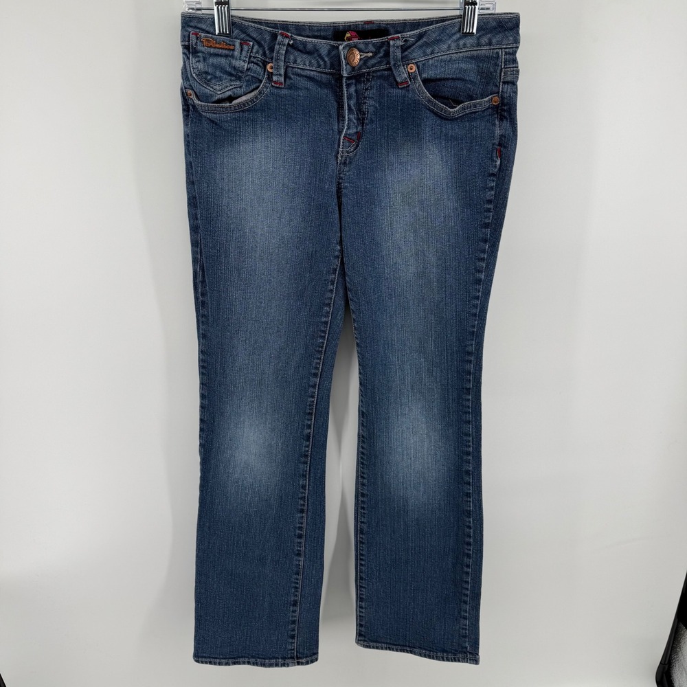 Pinkdice Womens Low Rise Bootcut Jeans Med Wash Red Dice Embroidery Size 28 Y2K